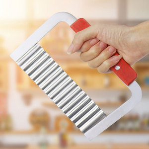 French Fries Cutting Knife Manual Wood Handle Stainless Steel Wavy Crinkle Potato Slicer with Handguard Dishwasher Safe - Product Image 2