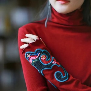 Ethnic Style Embroidered High Neck Long Sleeve Base Shirt For Women Blue With Wood Ear Edge Autumn Winter Warm Wear - Product Image 4