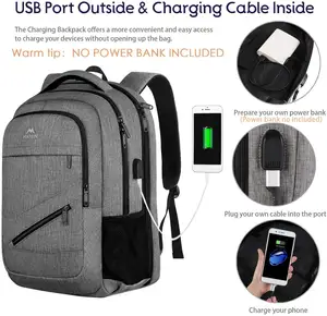Grand sac à dos d'école imperméable pour garçons, sac d'ordinateur portable antichoc, gris élégant, logo personnalisé