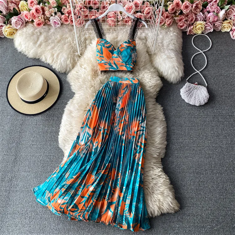 2021 Summer Bohemian Style High Waist Pleated Two Piece Set Long Maxi Elegant Casual Dress Summer Dresses Women Lady Elegant