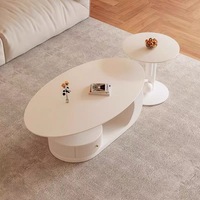 Ensemble de tables basses modernes haut de gamme, durables, avec rangement, compactes, légèrement luxueuses, de style français, en dalle de pierre ovale, couleur crème, pour salon