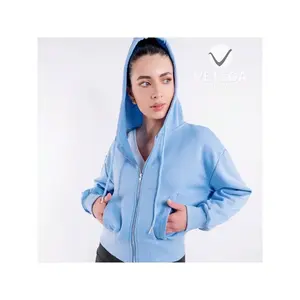 Sweat à capuche à manches longues pour femme Vetega avec fermeture épaules tombantes et cordon de serrage réglable, doté de poches, en polyester bleu - Product Image 2