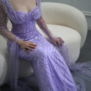 2024丁香美人鱼披肩袖奢华迪拜晚礼服优雅阿拉伯女性婚礼正式派对礼服SCZ211-1