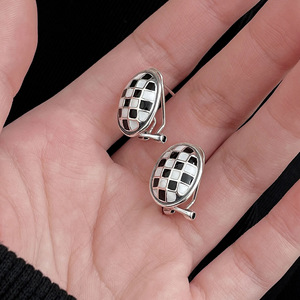 S925 Sterling Silver Checkerboard Stud <b>Earrings</b> For Women Geometric Design Everyday Wear Bezel Setting 925 Silver Ear <b>Post</b> - Product Image 1