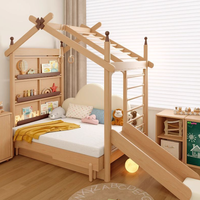 Lit mezzanine moderne en chêne massif pour enfants, taille Queen, avec toboggan, structure d'escalade, barres de grimpe, espace de rangement multifonctionnel et design gain de place