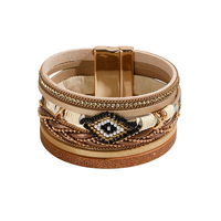 Bracelet manchette large en cuir multi-couches style bohème pour femme, motif œil perlé, avec fermoir magnétique
