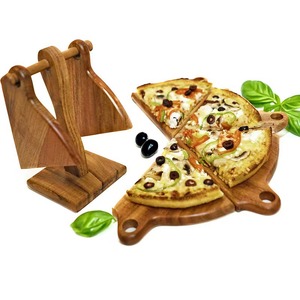 Plateau à pizza rond en bois avec support pour fête, plateau à steak, assiette à dessert - Product Image 1