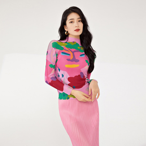 レディース高品質ストレッチプリント長袖トップス　オリジナルプリーツTシャツ　カジュアルスタイル花柄春夏 - Product Image 4