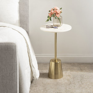 Modern White Marble Top End <b>Table</b> with Brushed <b>Gold</b> Metal Base | Luxury Round Accent <b>Side</b> <b>Table</b> - Product Image 4