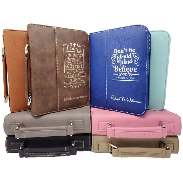 Personalized Logo Blank Laserable Leatherette Laser Engraved PU Leather Bible Cover Zipper Case With Handle