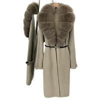 Pull long en tricot pour femme, automne et hiver, avec ceinture à nouer, col en vraie fourrure de renard, veste longue en tricot pour femme