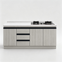 Meuble de cuisine bas minimaliste moderne modulaire sans poignée, design bicolore bleu sarcelle et gris, avec tiroirs et plaque de cuisson à gaz en marbre, pour appartement et hôtel