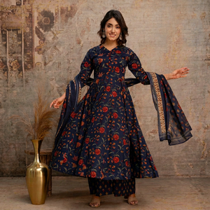 Traje Anarkali de Algodón de Secado Rápido Azul Marino para Mujer con Dupatta, Corte Regular Tradicional, Largo hasta la Rodilla, Ropa Casual para Todas las Temporadas - Product Image 1
