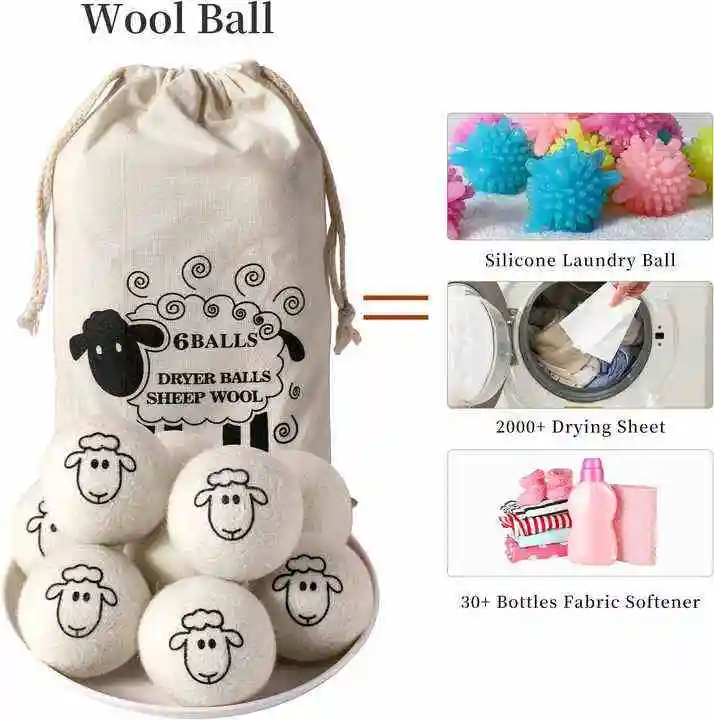 Bolas para secadora de lana Paquete de 6 Bolas para secadora de ropa Lana de Nueva Zelanda