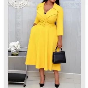 Sarı çentikli artı boyutu pilili Midi A-line afrika bayan rahat elbise