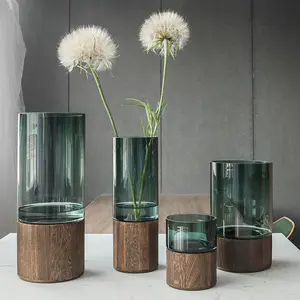 Современные Простые стеклянные вазы, роскошные аксессуары для дома, цветочные вазы с деревянной основой для стола, декоративные