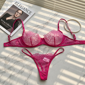 Conjunto de lencería de encaje rosa al por mayor para mujer, sujetador con aros y bragas tipo tanga, conjunto de 2 piezas, conjunto de sujetador transpirable y transparente, OEM ODM - Product Image 1