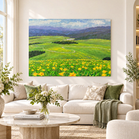 Peinture sur toile moderne, prairie de fleurs jaunes, sentier sinuose, montagnes violettes, art mural peint à la main, décoration intérieure