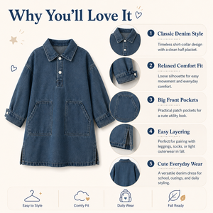 Abito in denim da <span class=keywords><strong>bambina</strong></span> 2026 a maniche lunghe con colletto polo, vestibilità ampia, bottoni frontali, tasche, in denim lavato, casual autunnale per bambini - Product Image 5