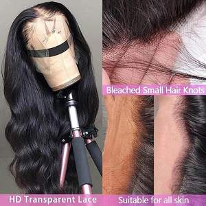 13x4 Lace Front Brazilian Hair Body Wave Natural <b>Black</b> Remy Hair Transparent Lace Bleached Bangs for Women Medium Length <b>Wigs</b> - Product Image 4