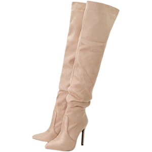 Elastic Knee <b>Boots</b> 2022 Autumn New European and American Pointed Suede High Tube Black Zipper Stiletto High Heel Women's <b>Boots</b> - Product Image 6