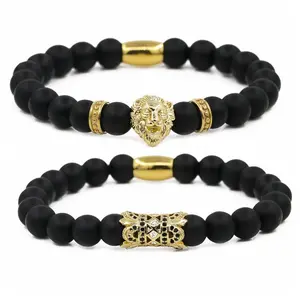 Perhiasan buatan khusus gelang kepala singa manik-manik lava batu akik hitam dengan gesper magnetik