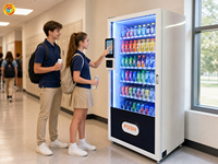 Distributeur automatique de boissons avec porte entièrement vitrée, écran tactile 10 pouces, lecteur de cartes, scanner QR, vente commerciale en intérieur