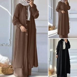 S-2XL Muslim 2-delig pak met lange jas en wijde broek, Ramadan Marokko Dubai Islam Casual Ensemble Kimono Musulmane Arabische Outfits - Product Image 2