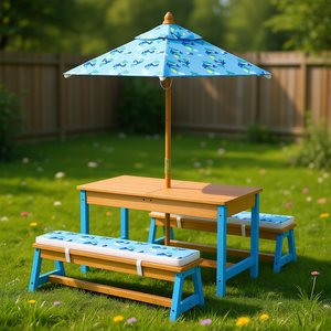 Ensemble de table de pique-nique pour enfants sur le thème des dinosaures, bleu, avec parasol pliable et coussins pour jeux en plein air - Product Image 2