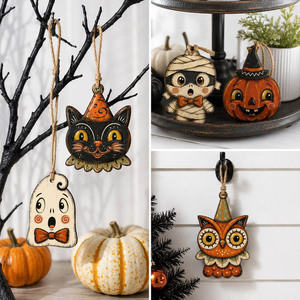 Ornements en <span class=keywords><strong>bois</strong></span> rétro de dessins animés d'Halloween avec corde en jute, décoration d'intérieur double couche en <span class=keywords><strong>bois</strong></span> en forme de fantôme pour Halloween, cadeau pour la fête des Mauvaises Farces et des Bonnes Friandises - Product Image 1