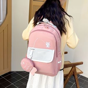 KALUOGE Student Backpack 15 Inches Pink Cartoon Cat Fishing Design For Girls School Education Large Capacity Color Blocking - Product Image 1