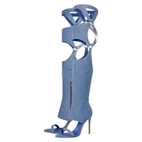 Bottines de soirée à talons aiguilles en denim pour femmes, à lanières, au-dessus du genou, avec découpes