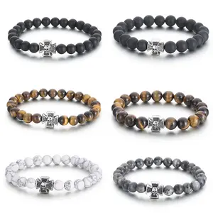 8MM 10MM Men Stainless Steel Skull Cross Beads Bracelet White Black Matt Agate Tiger Eye Stone Beads Charm Stretch Bracelets