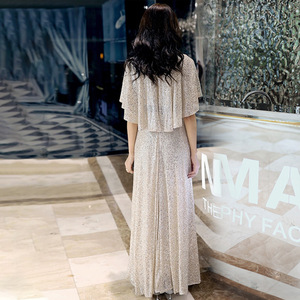Sequined Evening Gown Women O-Neck <b>A</b>-<b>Line</b> Natural Waist Apricot Base Silver Black Dark Green Wrap Tie Long <b>Dress</b> Banquet Party - Product Image 4