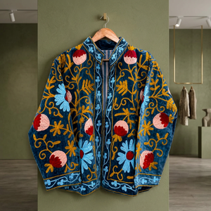 Chaqueta Blusón de Terciopelo Bordada para Mujer, Cuello Mandarín, Estampado Floral, Manga Larga, Ropa de Abrigo Otoñal, Estilo Prairie Chic - Product Image 3