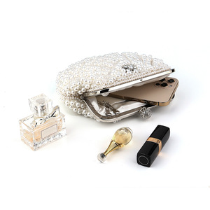 Women's Evening Sparkling Satin Beaded Clutch <b>Purse</b> with Chain <b>Small</b> Capacity Elegant White Pearl Design for Wedding Party - Product Image 6