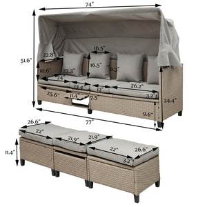 4 Piece Rattan Sofa Seating Group <strong>with</strong> Cushions,Patio Furniture <strong>Outdoor</strong> Rectangle <strong>Daybed</strong> <strong>with</strong> Retractable <strong>Canopy</strong> - Product Image 5