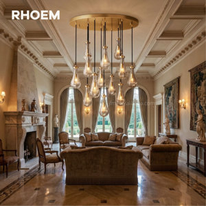 Lampadario Rotondo RHOEM RH con Gocce di Vetro Soffiato a Mano, Copertura in Ottone Massiccio, Certificato UL 110V - Product Image 6