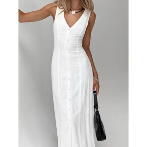 Womens V Neck Button Down Front Sleeveless Dress Beach Linen Blend Maxi Dress White Elegant Cotton Maxi Dress