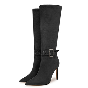 Bottes longues à talon fin en daim souple grande taille 47, coupe large, talons aiguilles, boucles métalliques, bottines hautes pour femmes - Product Image 6