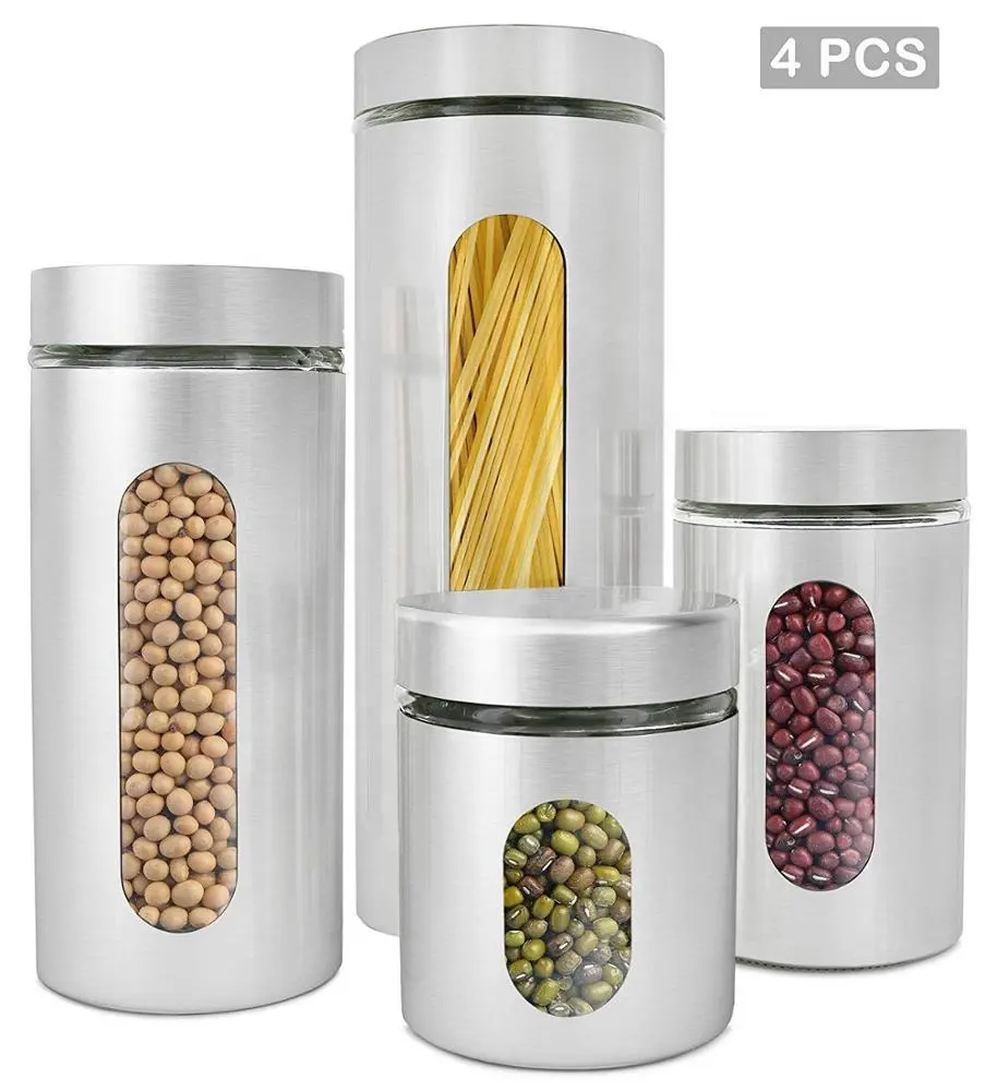 4 peça escovado aço inoxidável e vidro vasilhas com janela Cozinha vasilha Sugar Food Tea Coffee Candy Storage Jars