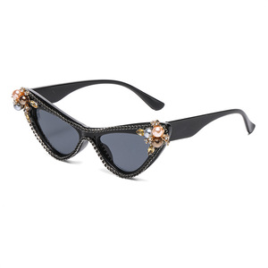 Jamie 2412B Cat Eye Sunglasses Black <b>Plastic</b> Frame Rhinestone Pearl Decor Women UV400 Protection - Product Image 1