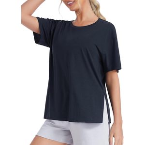 Camiseta Deportiva de Manga Corta para Mujer, Corte Holgado, con Abertura Lateral, Cuello Redondo, Informal, de Algodón, para Verano - Product Image 1