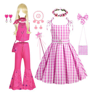 Halloween <strong>Barbie</strong> Movie Inspired Cosplay Dress Western <strong>Barbie</strong> Style Pink Spaghetti Strap Dress for Girls Kids Party Costume - Product Image 1