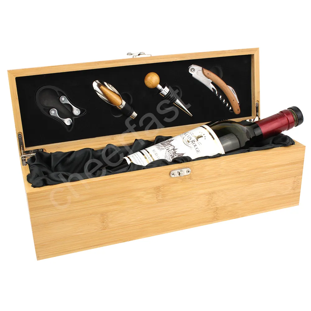 Hochwertige Weinflasche Boxed Holz verpackung mit 4 Werkzeugen Holz Bambus Geschenkset Bambus Einzel flasche Holz Wein kiste