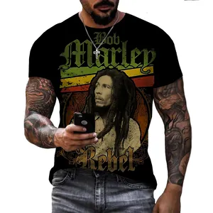 Cool Rock Bob Marley 3D kaus pria, pakaian atasan & kaus pria leher O lengan pendek, baju Hip-hop jalanan ukuran besar musim panas