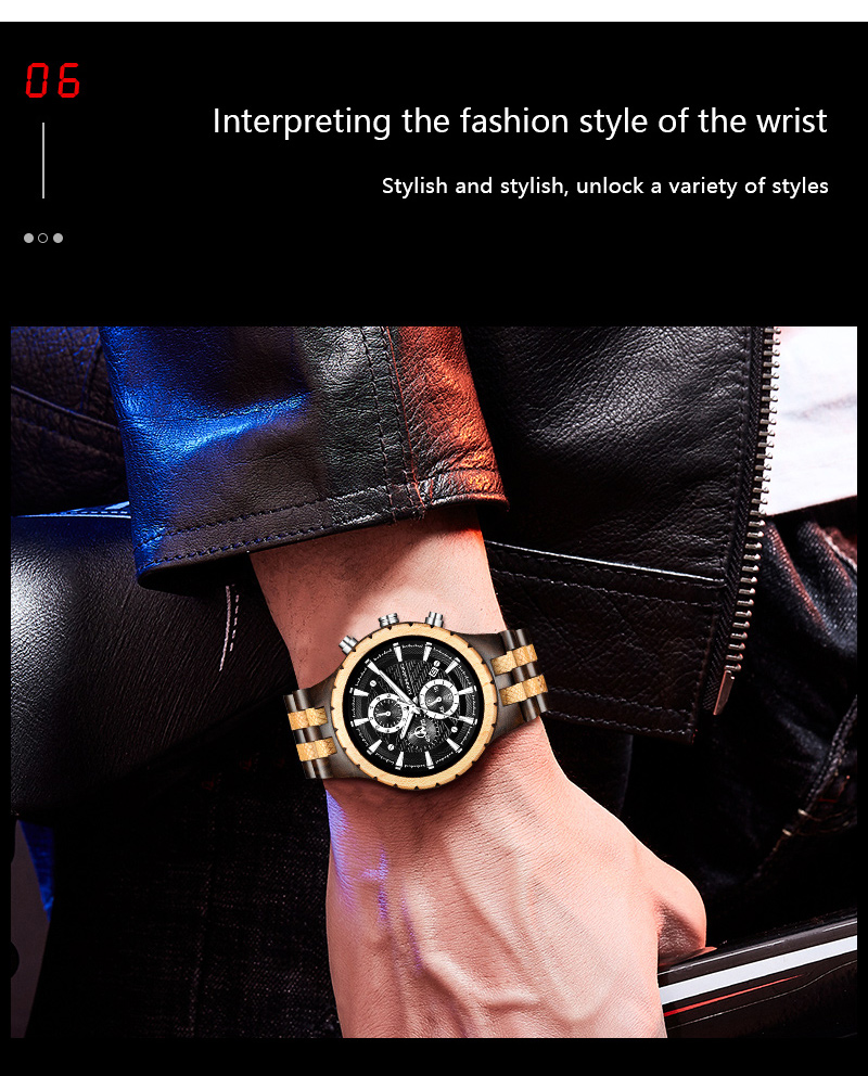 KUNHUANG Bois Montre Top Luxe Chronographe Mains Lumineuses Hommes Militaire - Montres en Tout Bois Relogio Masculino