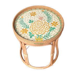 Tables gigognes en rotin écologiques de luxe avec plateau en mosaïque de nacre, ensemble de tables basses rondes pour la décoration intérieure de la maison et des hôtels - Product Image 1
