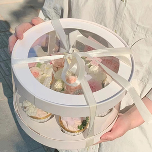 Custom luxury round clear windows cylinder cupcake boxes white flower cake box