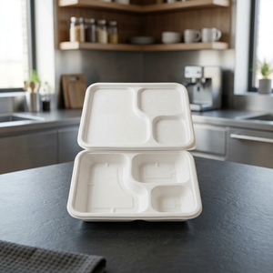 Plateau repas écologique 3 compartiments en bagasse blanche avec couvercle, qualité alimentaire, compostable, jetable - Product Image 4